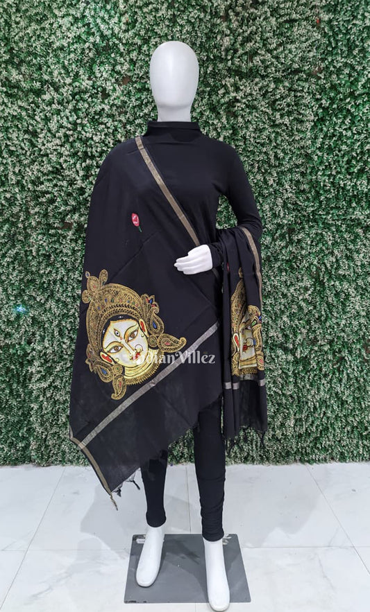 Black Maa Durga Theme Hand-Painted Patachitra Chanderi Dupatta