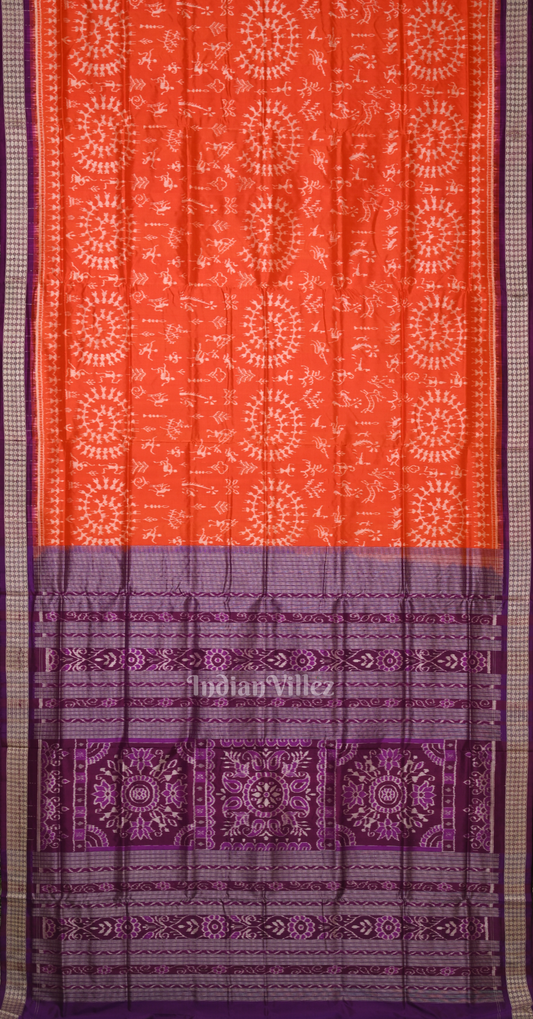 Orange Purple Tribal Theme Odisha Ikat Sambalpuri Silk Saree