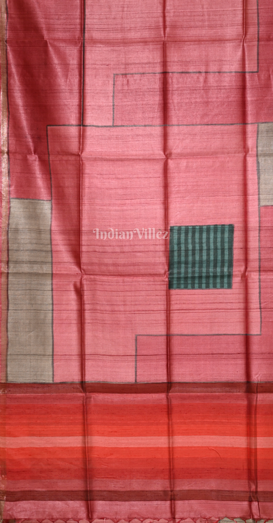 Peach Pink MaroonTussar Silk Saree 