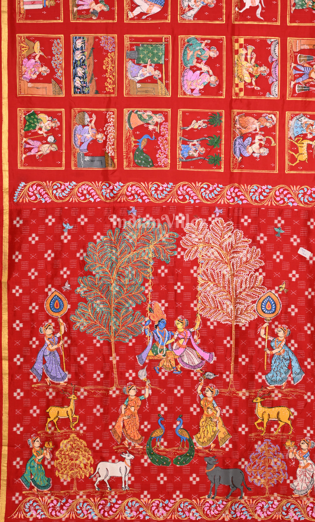 Red Radha Krishna Village ThemePattachitra Sambalpuri silk Saree