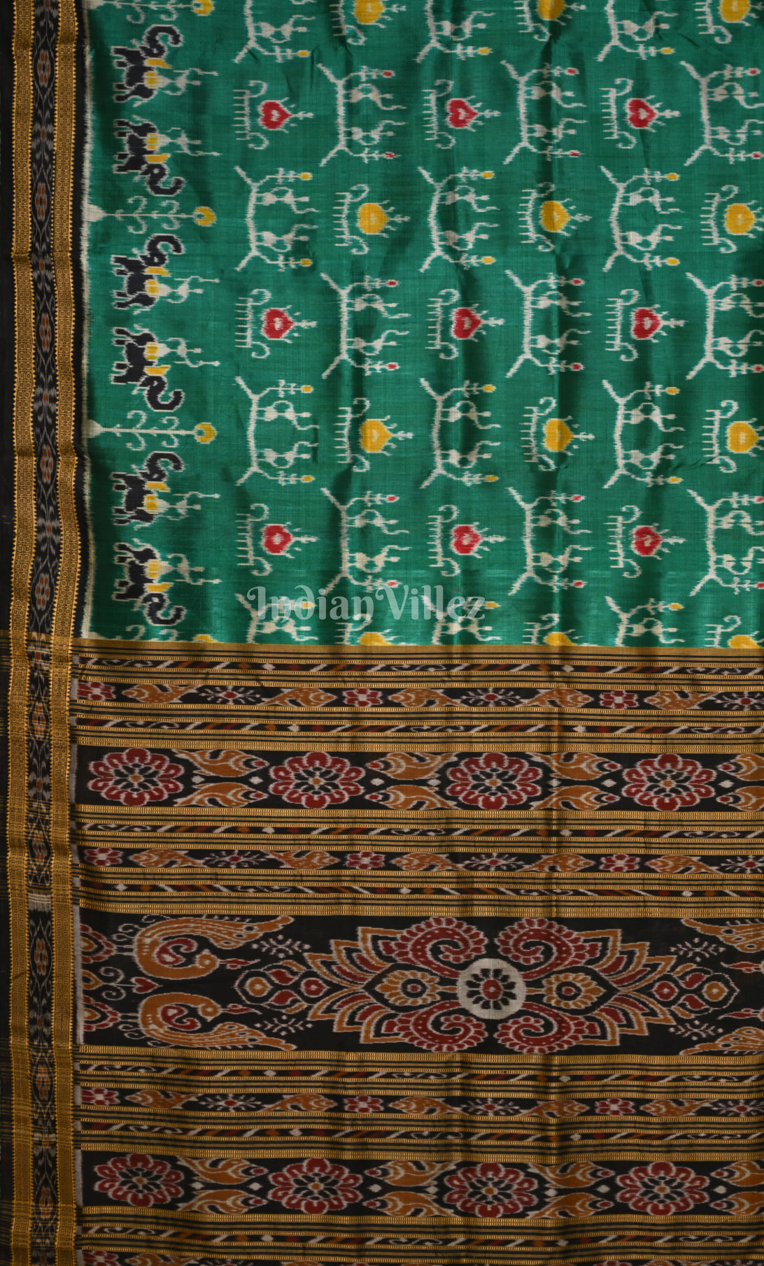 Green Black Tribal Theme Odisha  Ikat Khandua Silk Saree