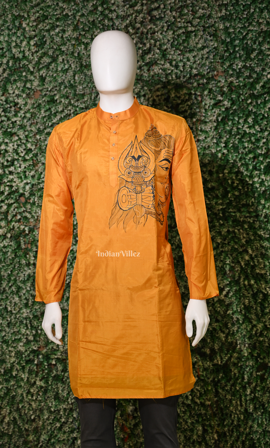 Mustard Yellow Hanuman Face Theme Hand-Painted Pattachitra Kurta