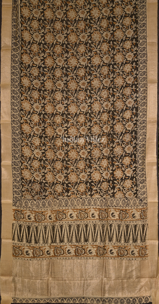 Cream Black Block Printed Bagru Cotton Saree