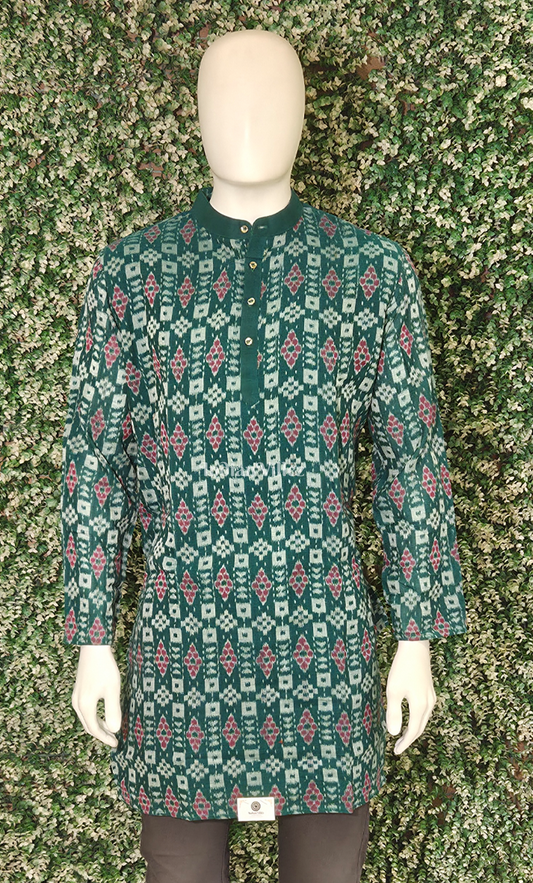 Green Maroon Pasapali Odisha Ikat Cotton Kurta for Men