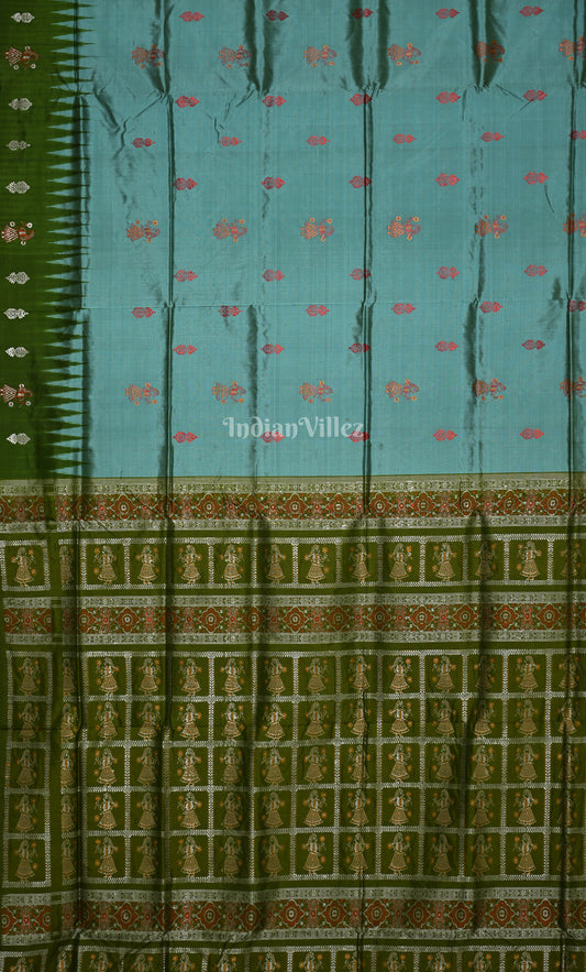 Sea Blue Olive Green Odisha Ikat Bomkai Sambalpuri Silk Saree with Doll Aanchal