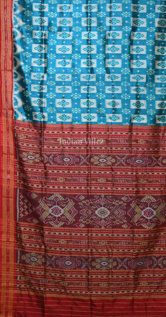 Cyan Blue Maroon Pasapali Odisha Ikat Khandua Silk Saree