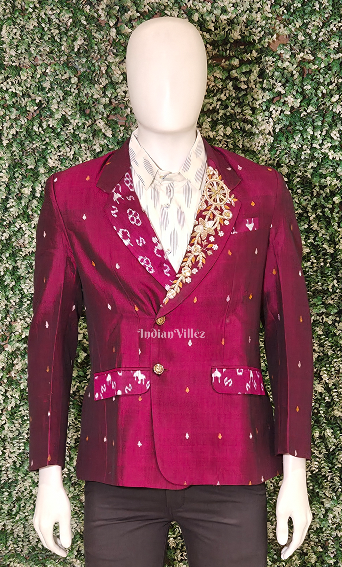Magenta Pink Buti Design Odisha Ikat Men's Designer Blazer 