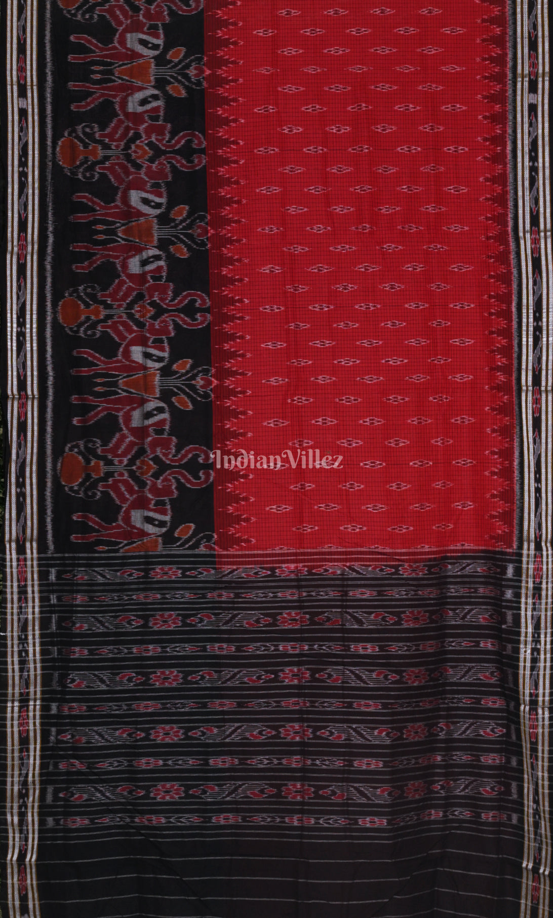 Red Black Odisha Ikat Maniabandha Cotton Saree