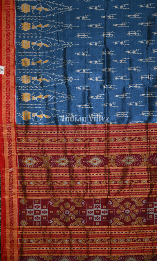 Cyan Blue Red Doll Tribal Motif Odisha Ikat Khandua Silk Sare
