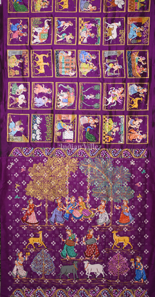Wine Purple Raja Doli Theme Hand-Painted Pattachitra Saree 