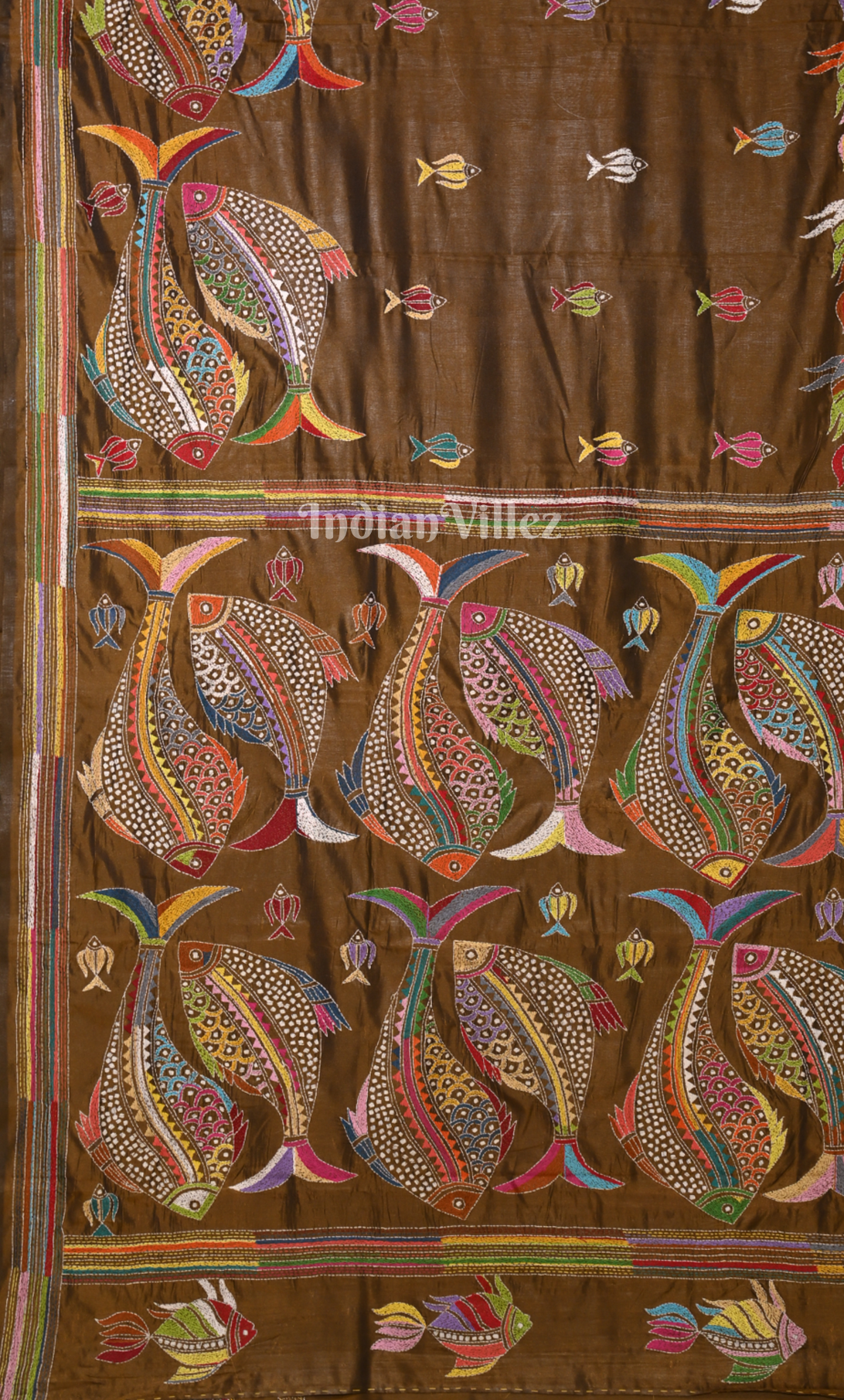 Brown Fish Motif Handwoven Kantha Stitch Silk Saree 