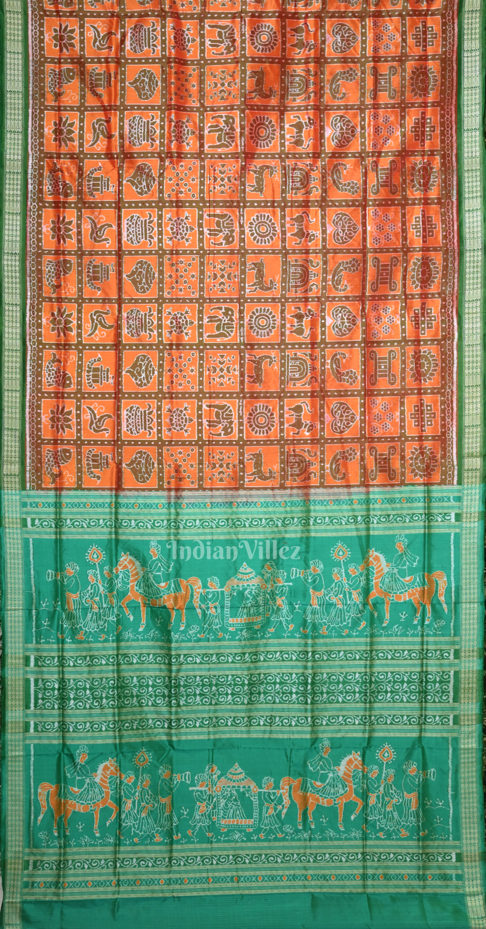 Rust Orange with Sea Green Nabakothi Odisha Ikat Sambalpuri Silk Saree 