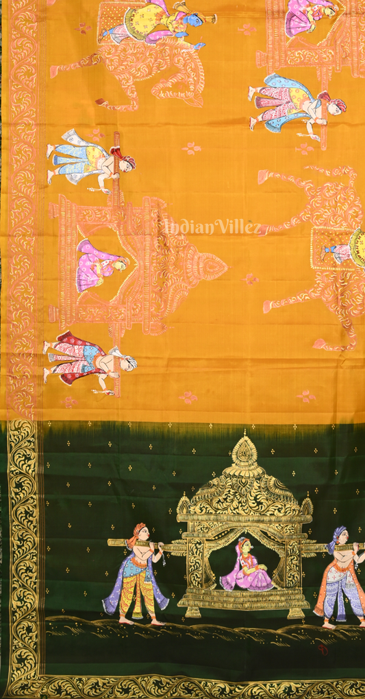 Mustard Yellow Green Doli Barat Hand-Painted Pattachitra Saree 