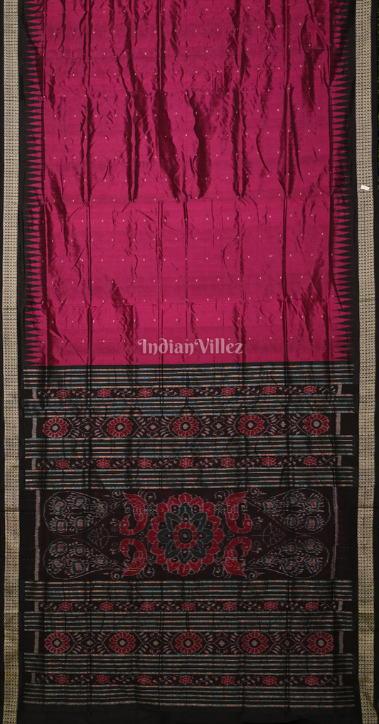 Magenta Pink Black Butti Design Odisha Ikat Bomkai Silk Saree 
