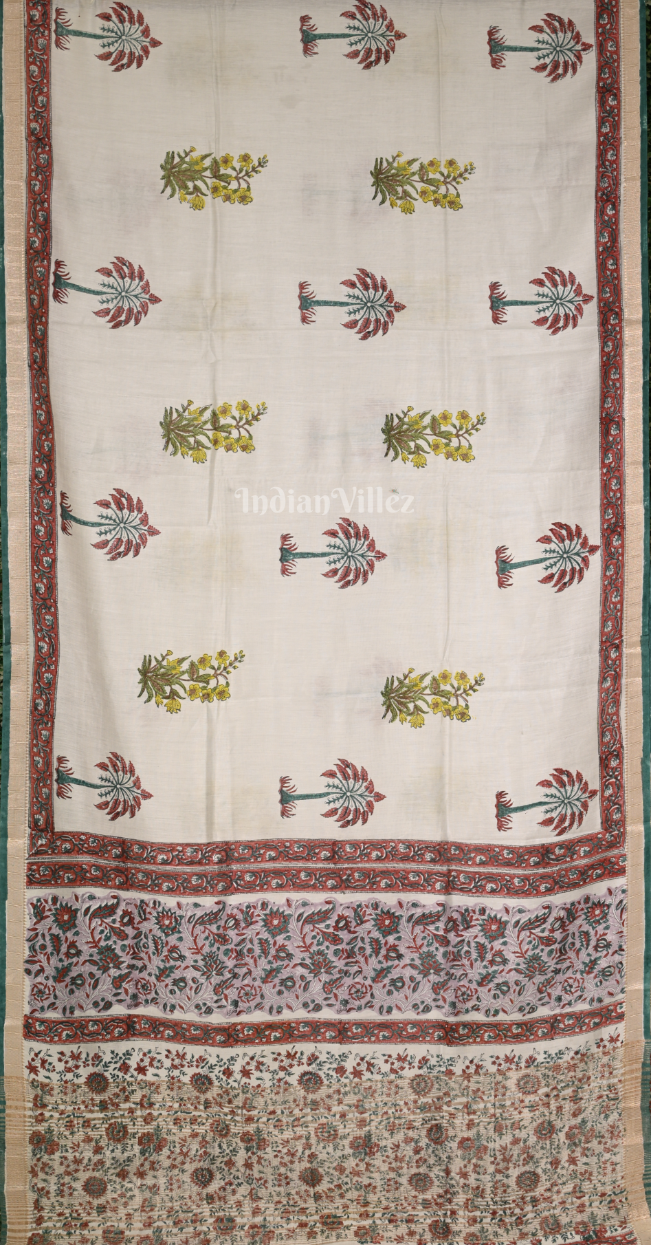 White Block Printed Sanganeri  Cotton Saree 