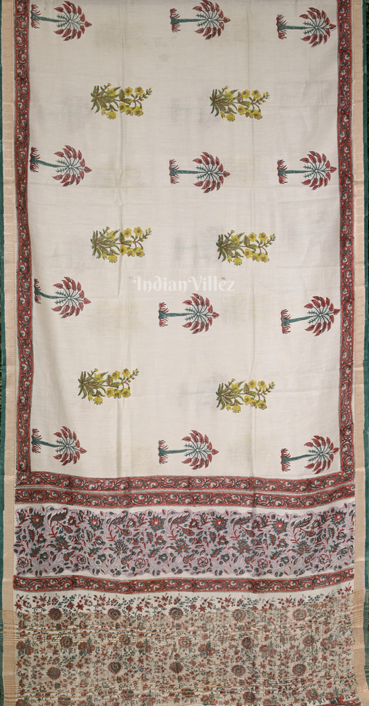 White Block Printed Sanganeri  Cotton Saree 