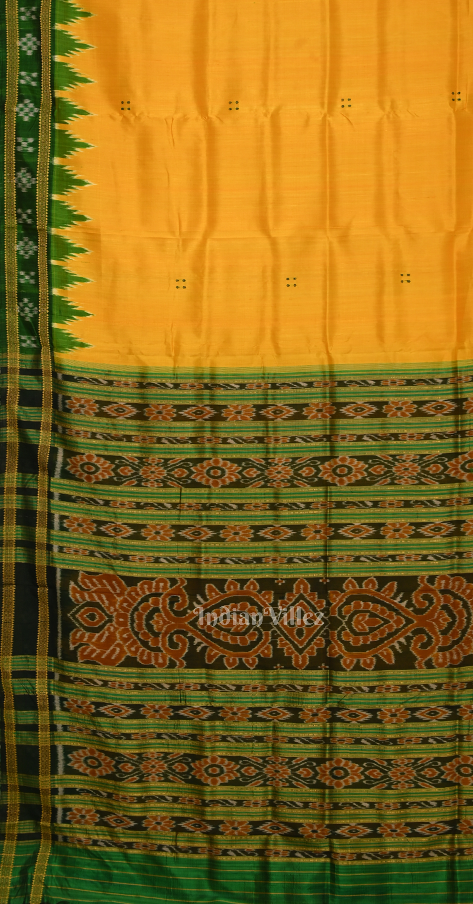 Mustard Yellow Green Buti Design Odisha Ikat Khandua Silk Saree 