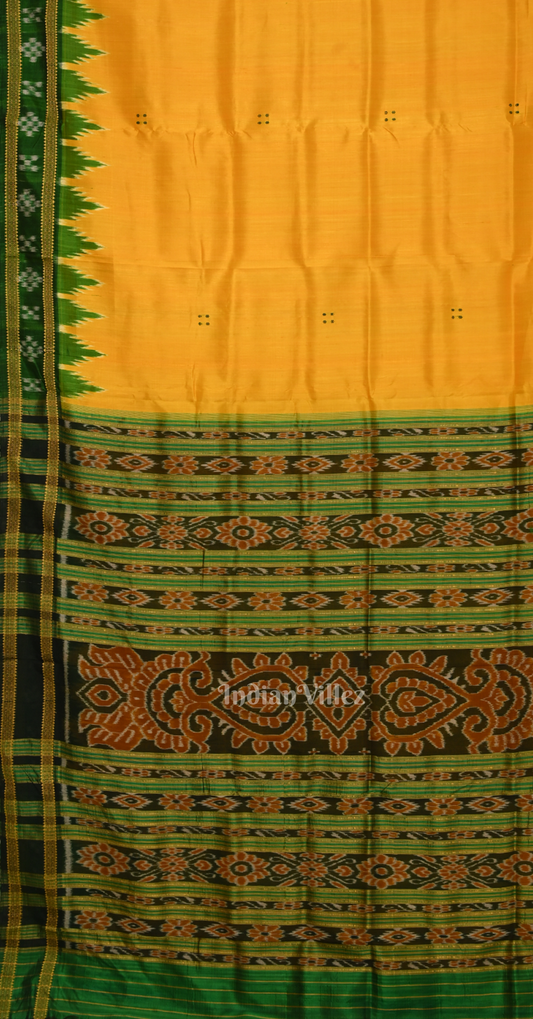Mustard Yellow Green Buti Design Odisha Ikat Khandua Silk Saree 