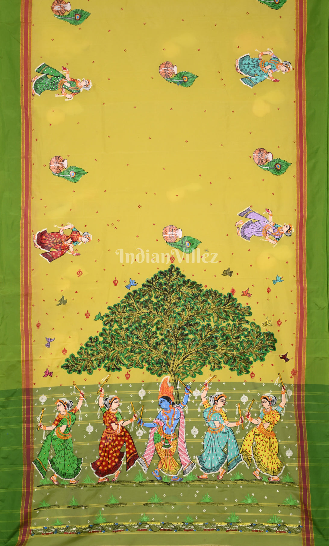 Yellow Green Krishna Raas Leela Hand-Painted Pattachitra Saree