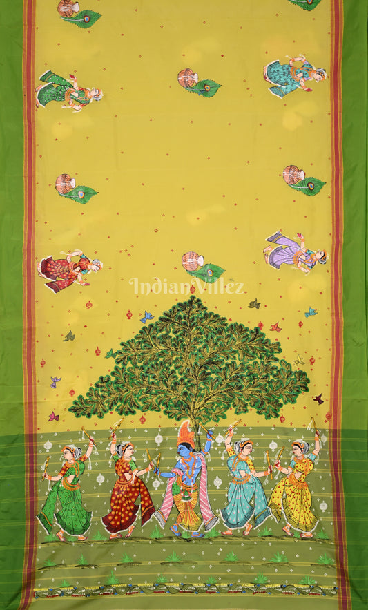 Yellow Green Krishna Raas Leela Hand-Painted Pattachitra Saree