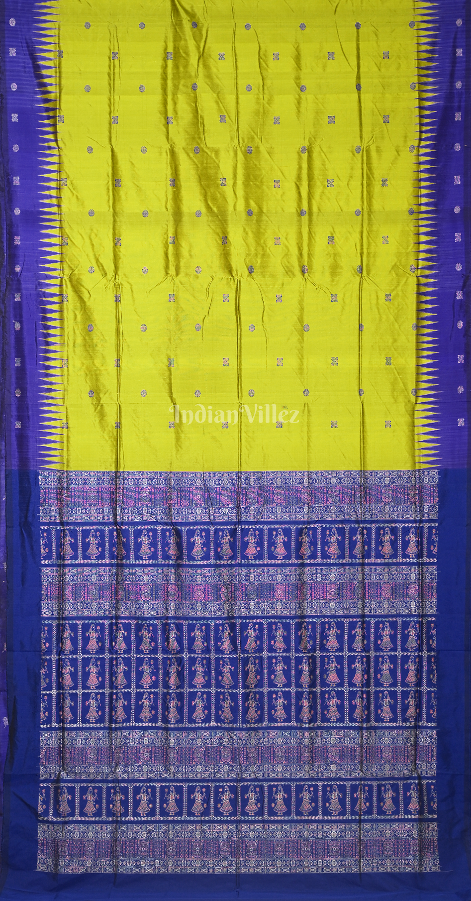 Neon Green Blue Buti Design Odisha Ikat Bomkai Sambalpuri Silk Saree with Doll Anchal