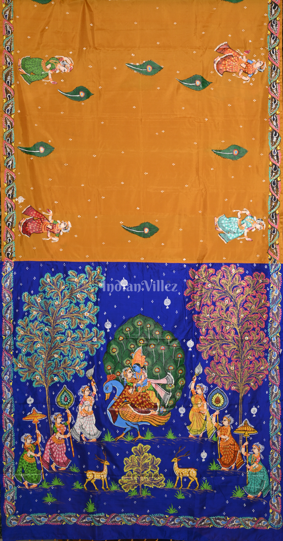 Mustard Yellow Blue (Mayur) & Nartaki Theme  Hand-Painted Pattachitra Saree 