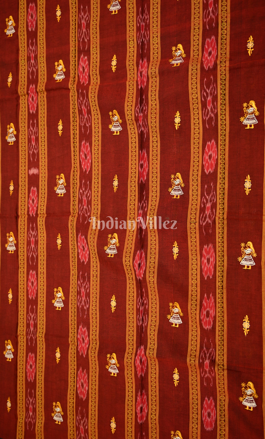 Maroon Yellow Doll Odisha Ikat Sambalpuri Cotton Dress set with Dupatta 
