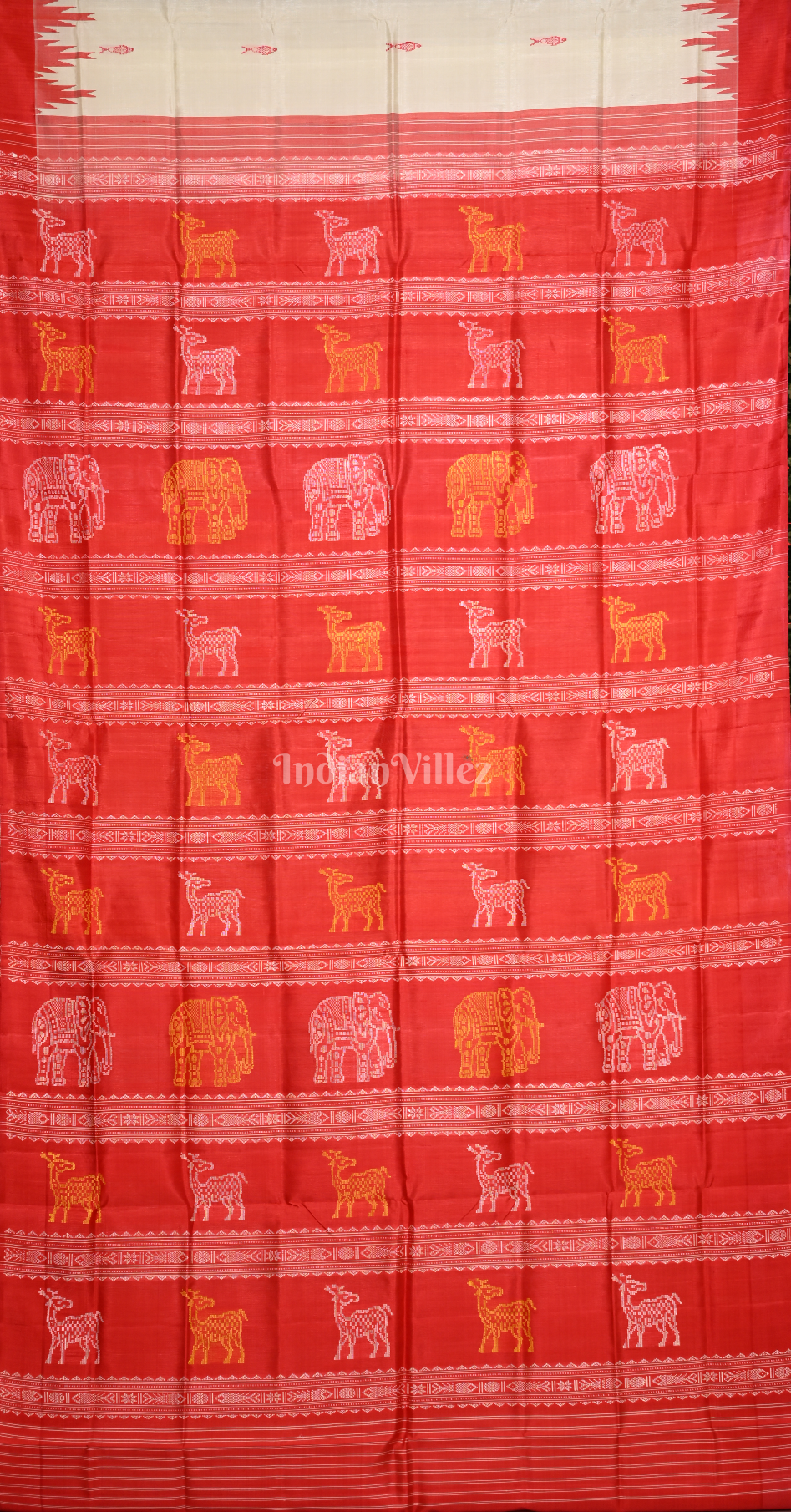 White Red Fish Motif Double Pallu Berhampuri Silk Saree 