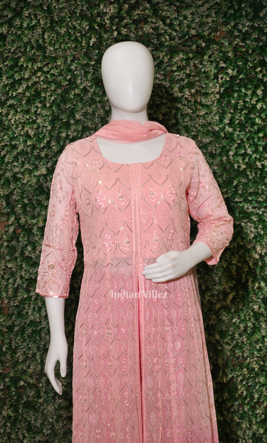 Pink Chikankari Flowy Fusion Kurta Plazzoo with Dupatta Set 