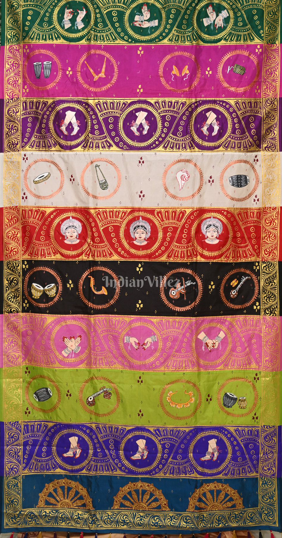 Beige Musical Instruments & Dancer Theme Hand-painted Pattachitra Saree