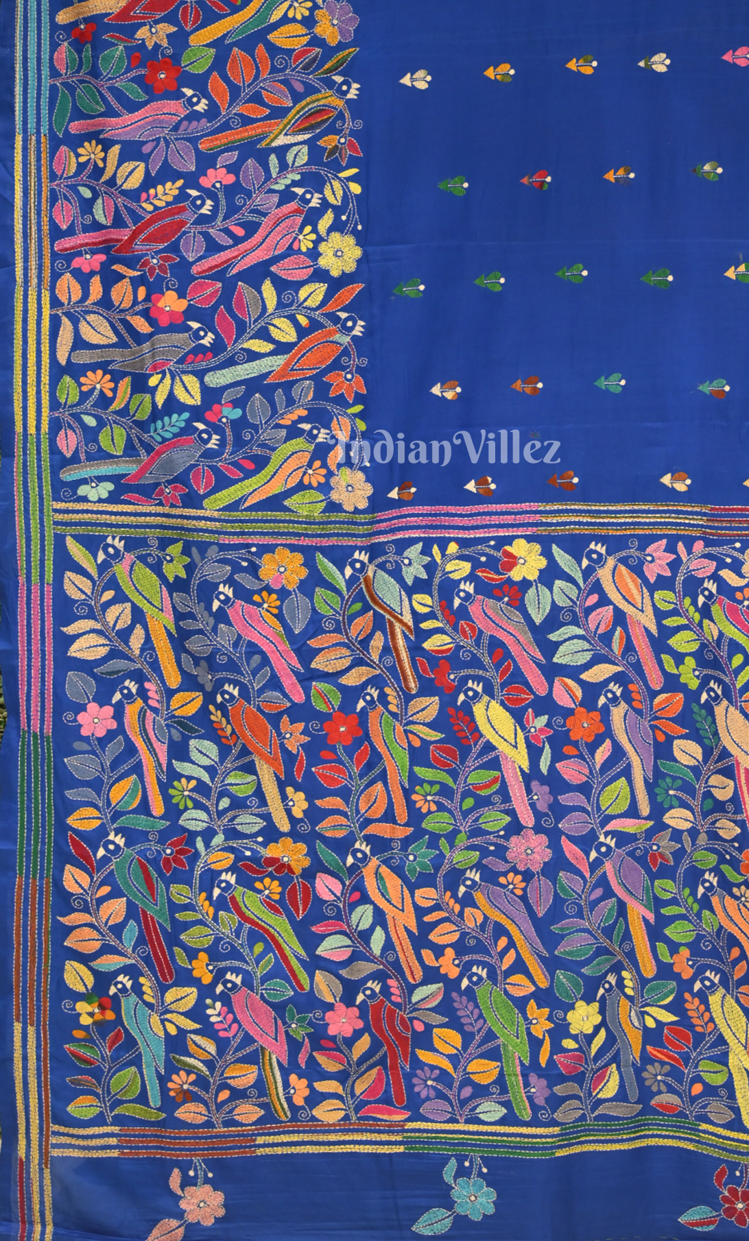 Royal Blue Flower Motif Handwoven Kantha Stitch Silk Saree 