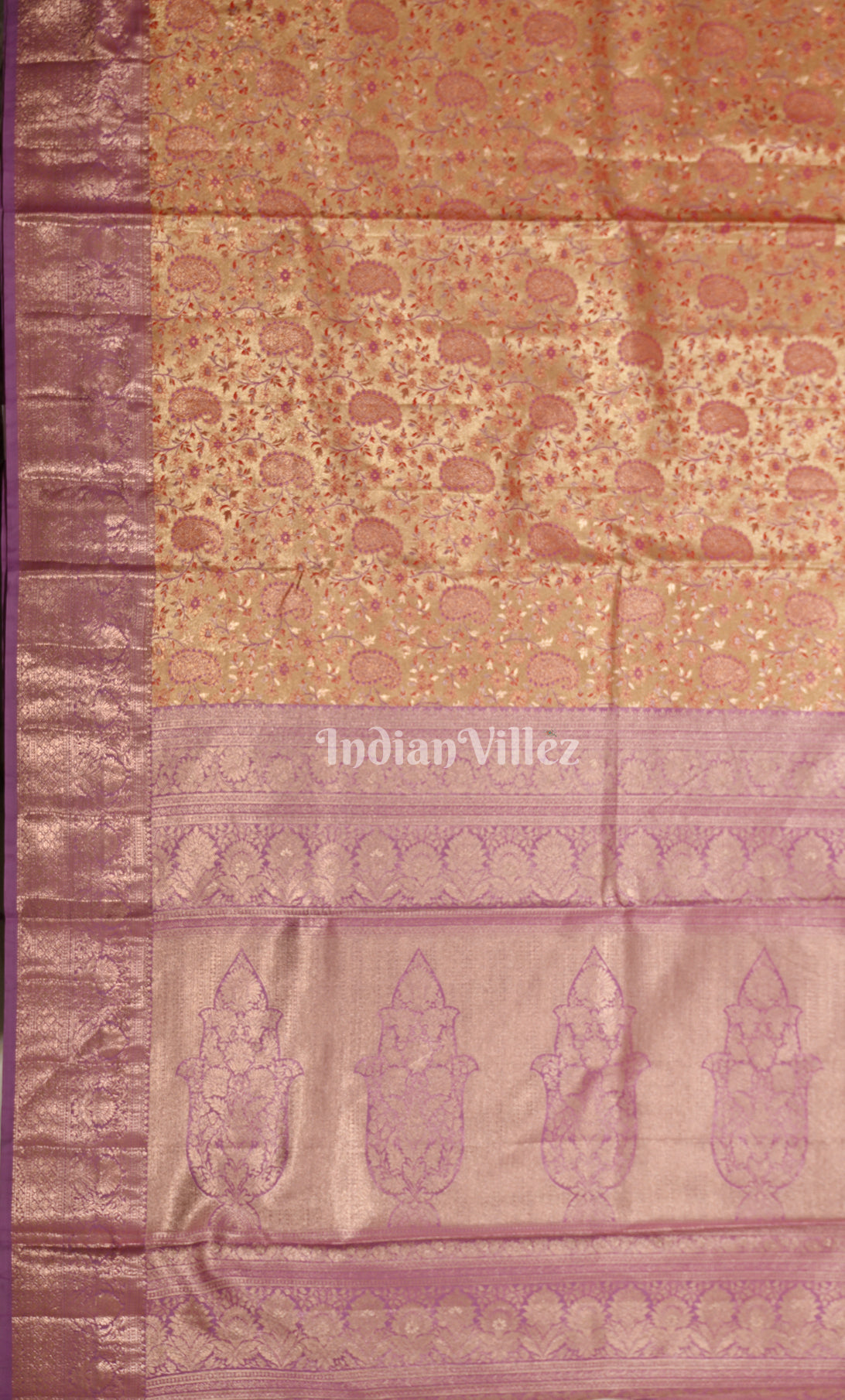 Light Yellow Purple Paisley Brocade Pure Kanjivaram Tissue Silk Saree