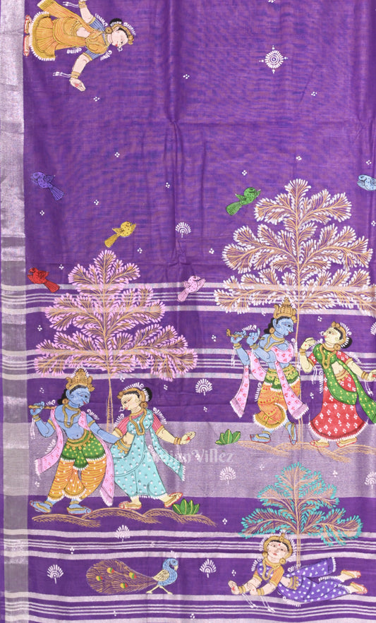 Blue Radha Krishna Raasleela Hand-Painted Pattachitra Saree 