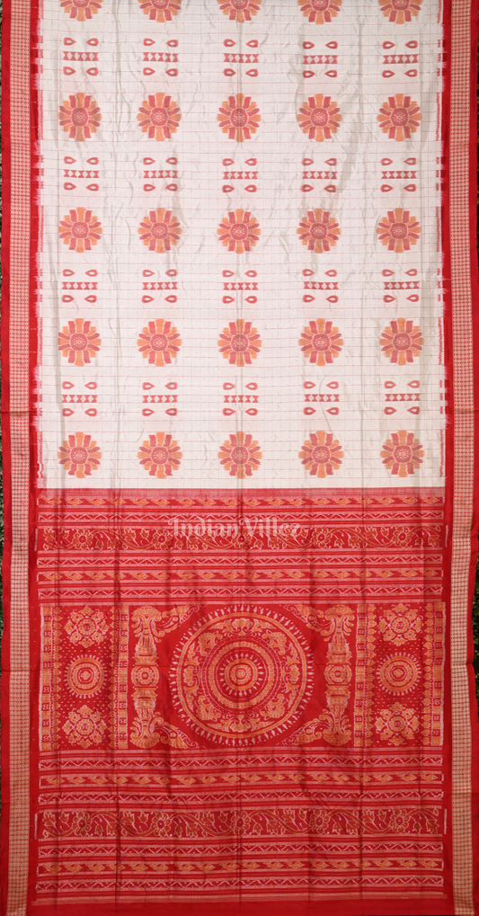 White Red Baghambari  Odisha Ikat Sambalpuri  Silk Saree