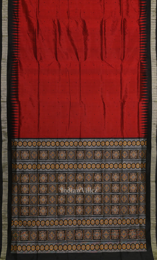 Red Black Butta Design Odisha Ikat Bomkai Sambalpuri Silk Saree 