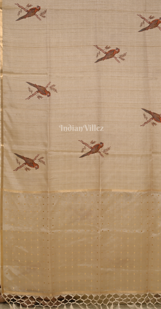 Beige Brown Bird Motif Tusasr Silk Saree 