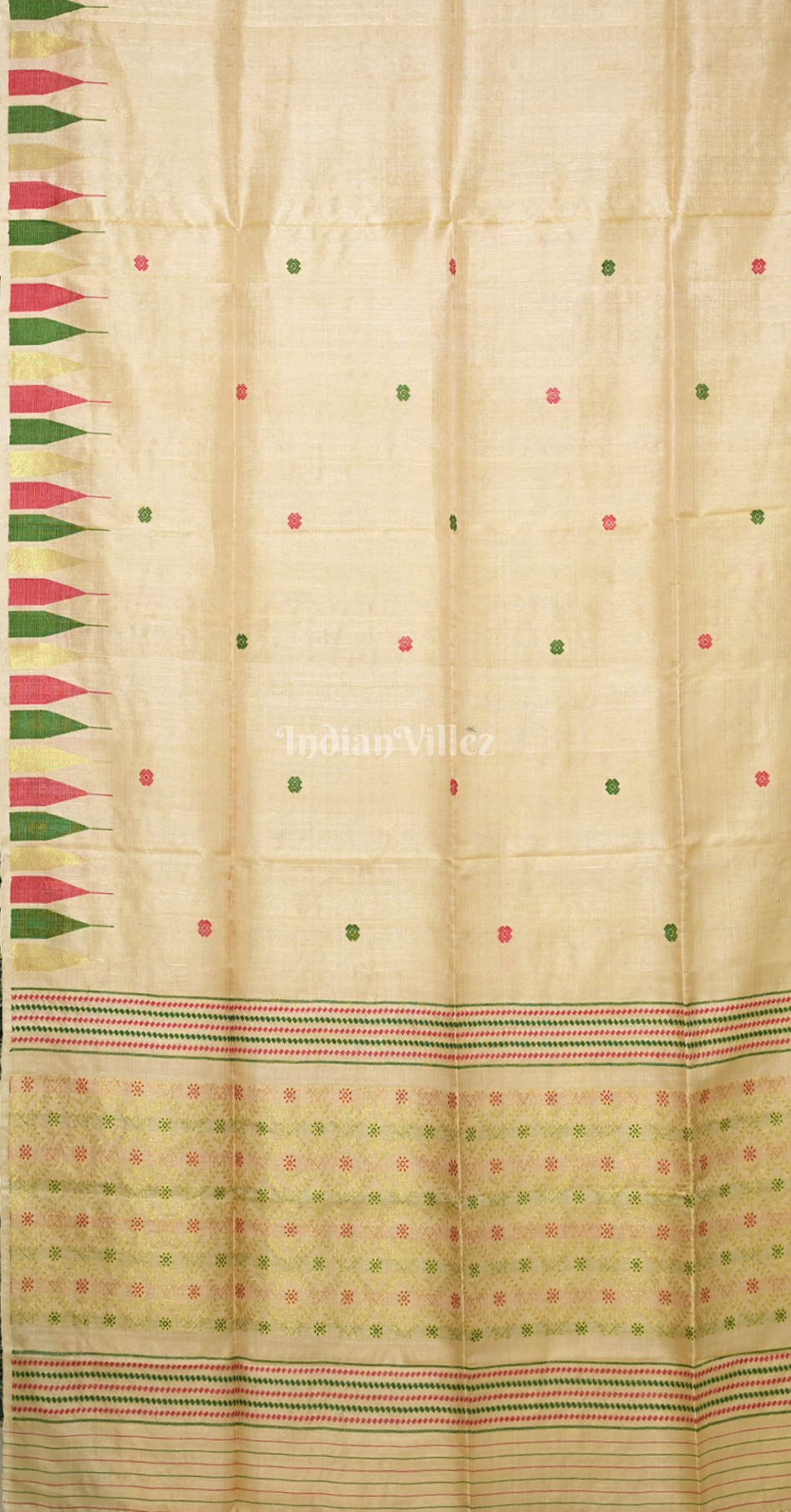 Beige with Green Pink Buti Design Tussar Silk Jamdani Saree 
