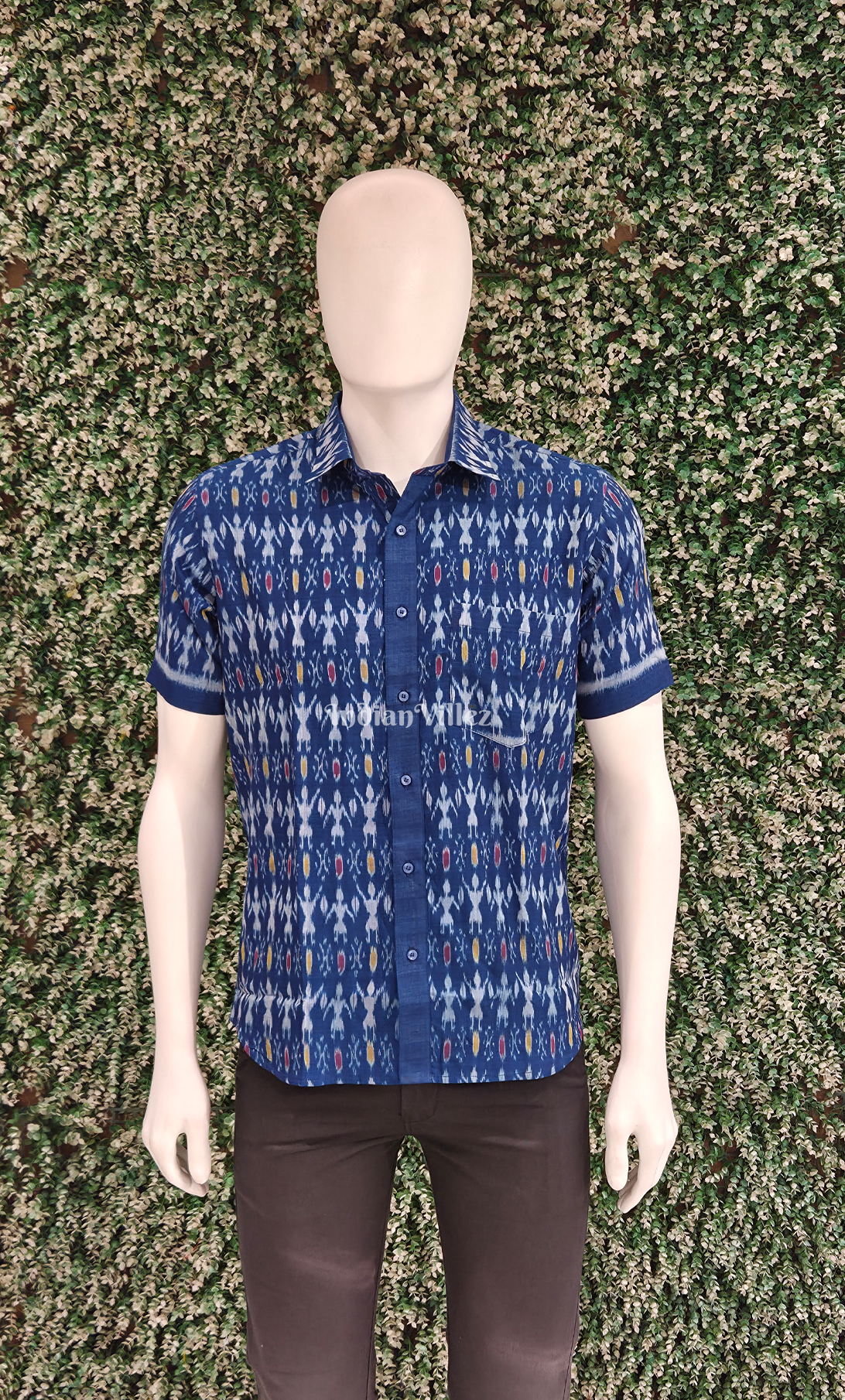 Blue Tribal Theme Odisha Ikat Cotton Half Sleeve Shirt for Men
