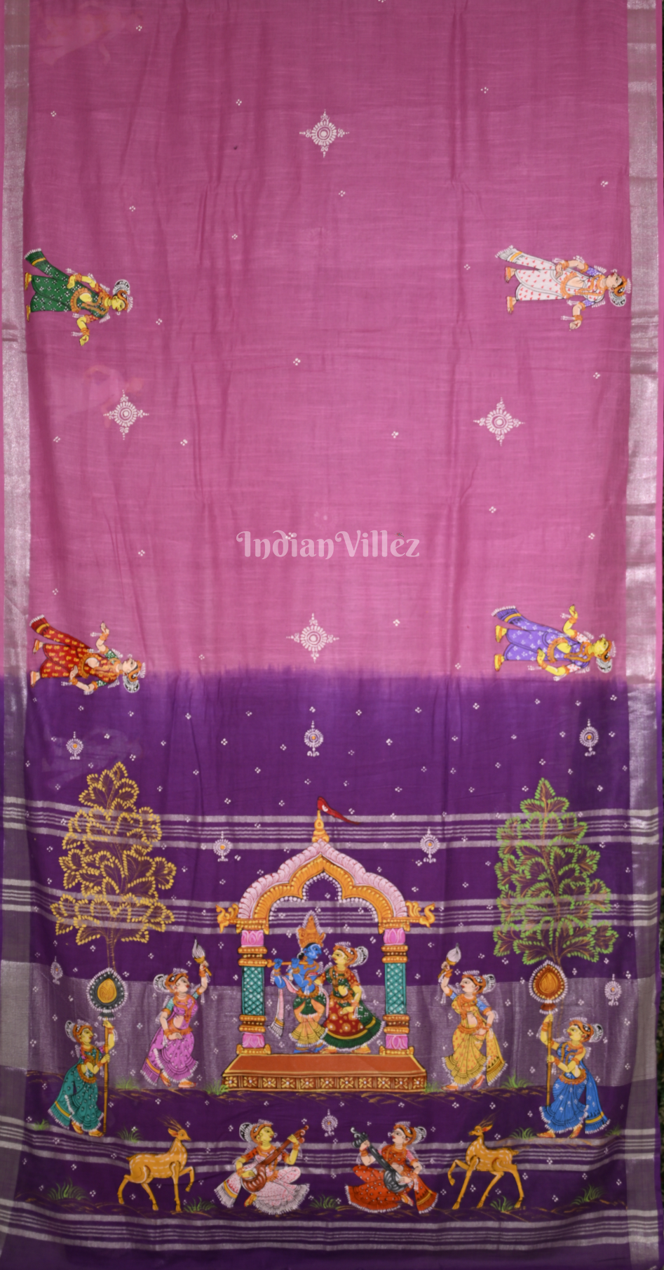 Pink Purple Krishna Rasa Leela Hand-Painted Pattachitra Saree