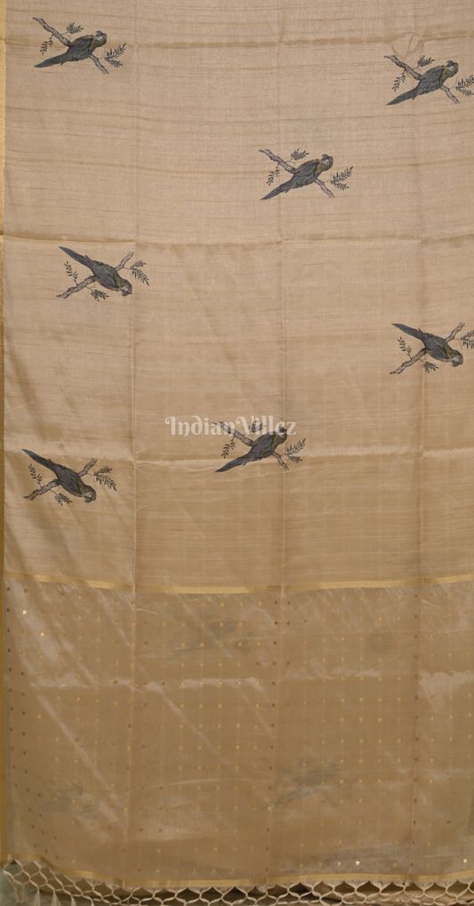  Beige Blue Bird Motif Tusasr Silk Saree 