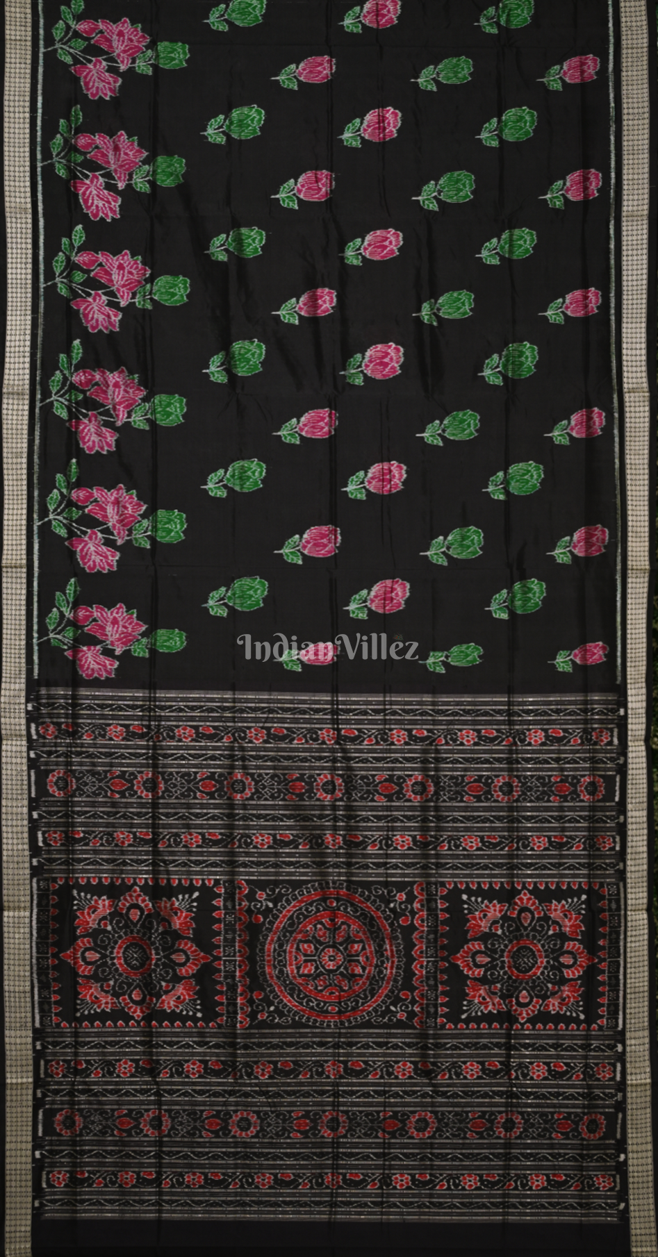 Black Rose Design Odisha Ikat Sambalpuri Silk Saree 