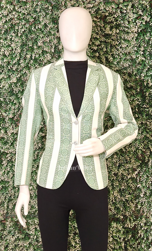 Off White Sage Green Konark Chakra Odisha Ikat Women's Designer Blazer 