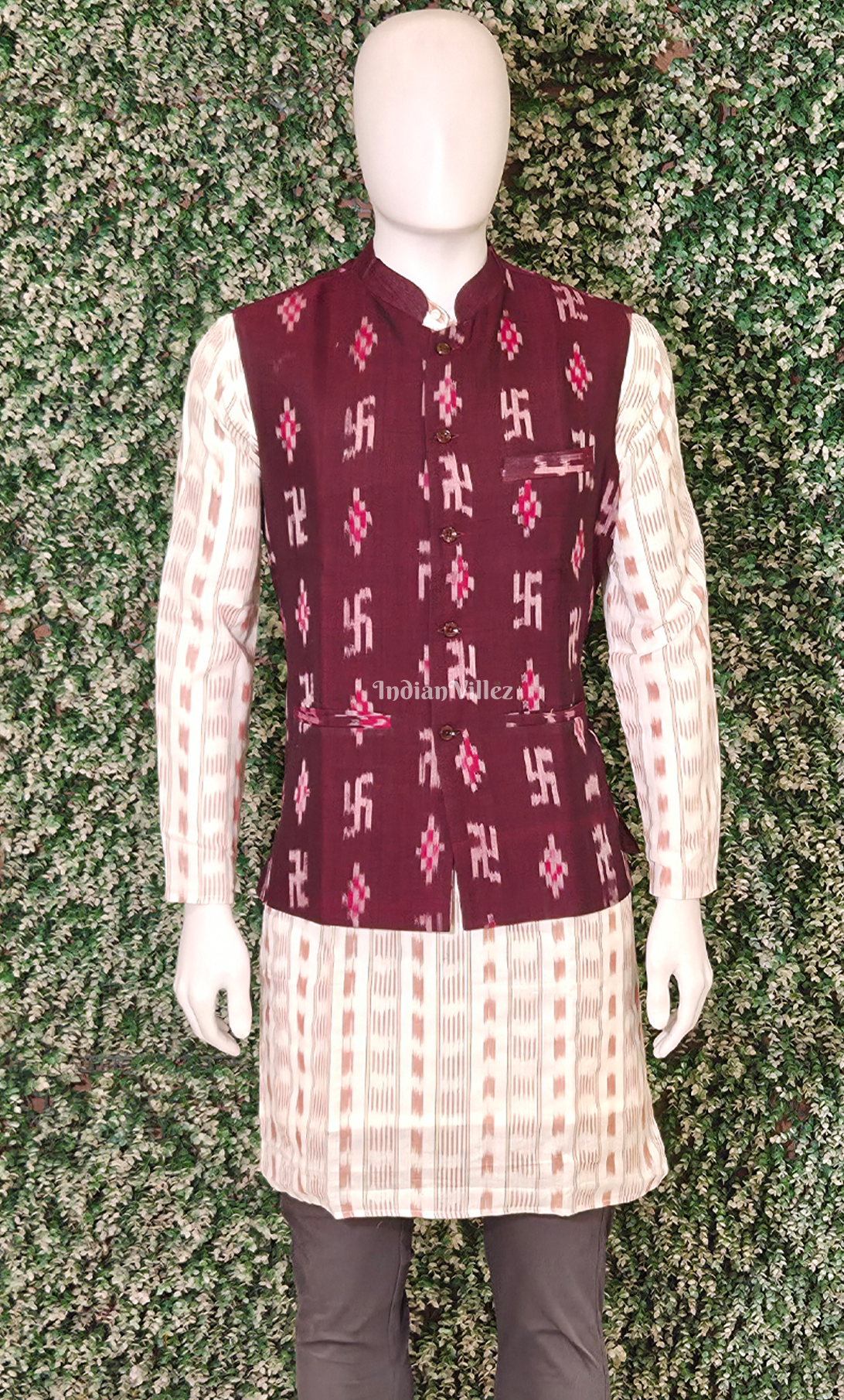 Maroon Swastilk Odisha Ikat Half Bandi Jacket for Men 