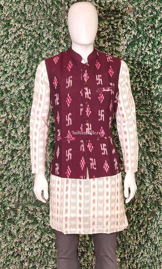 Maroon Swastilk Odisha Ikat Half Bandi Jacket for Men 