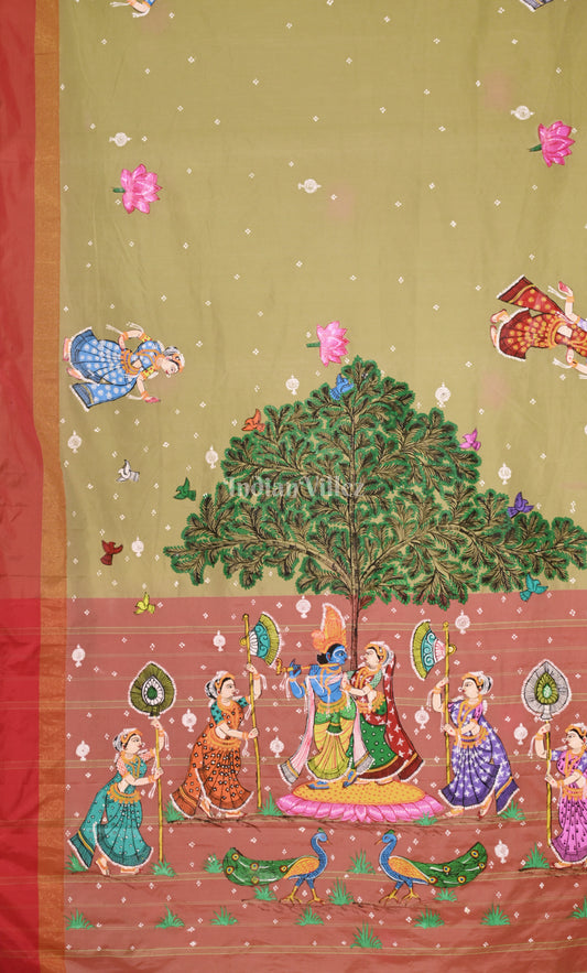 Ghee Red Raasleela Hand-Painted Pattachitra Saree