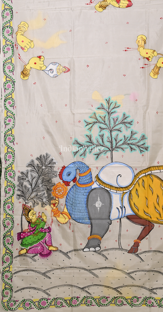 White Arjuna Bows to Navagunjara Hand-Painted Pattachitra Saree