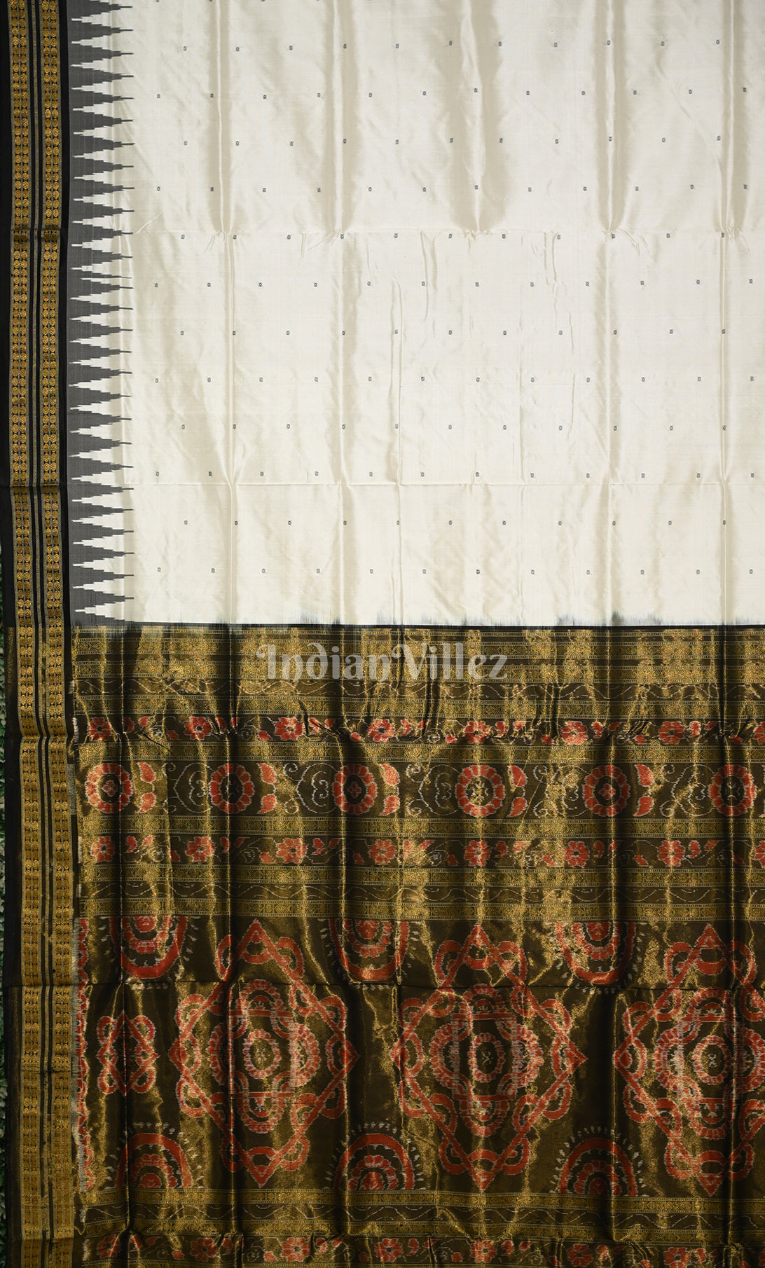 White Black Buti Odisha Ikat Bomkai Half Tissue Silk Saree 