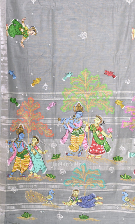 Grey Radha Krishna Raasleela Hand-Painted Pattachitra Saree 