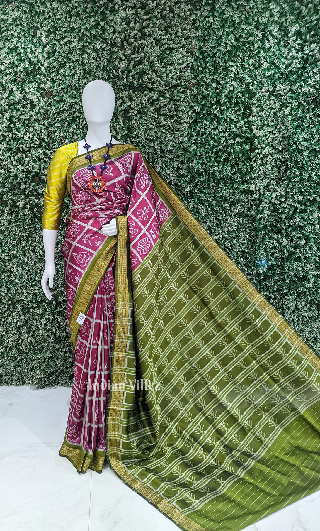 Magenta Pink Green Nabkothi Odisha Ikat Sambalpuri Silk Saree