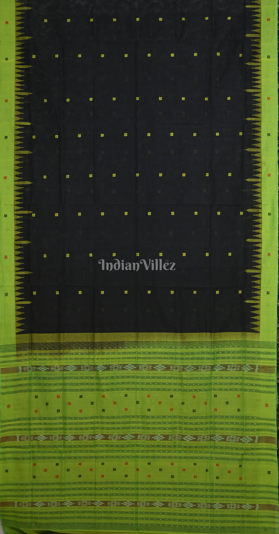 Black Green Buti Sachipar Odisha Ikat Sambalpuri Cotton Saree 